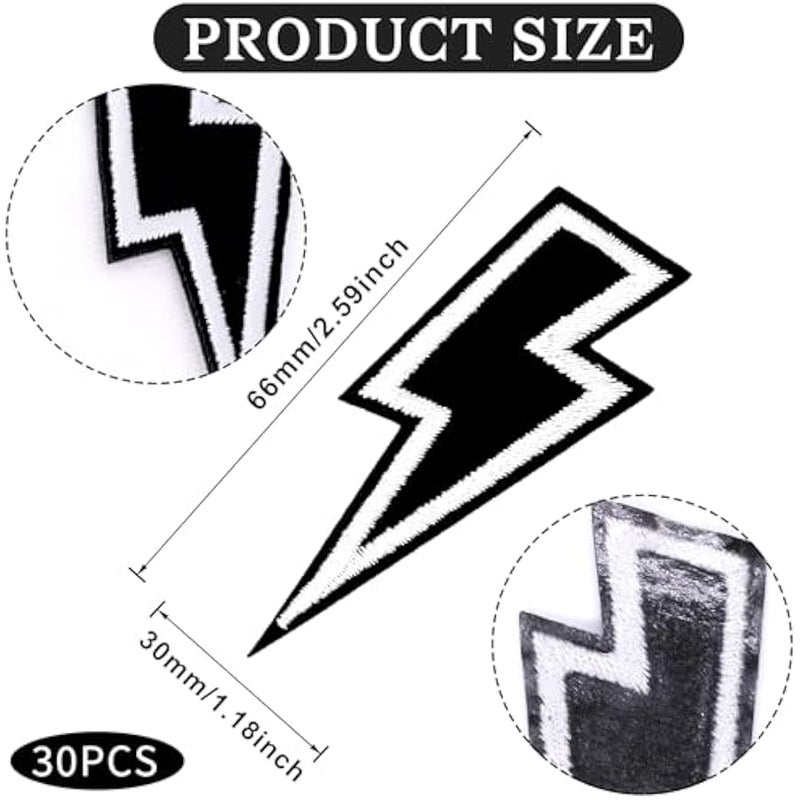 30 Pcs Black Lightning Iron-on Patch, Sew-on Flash Appliques Embroidered Patches Lightning Bolt Patch Embroidered Flash DIY Appliques for Clothes Shoes Bags Hat Jeans - Image 2